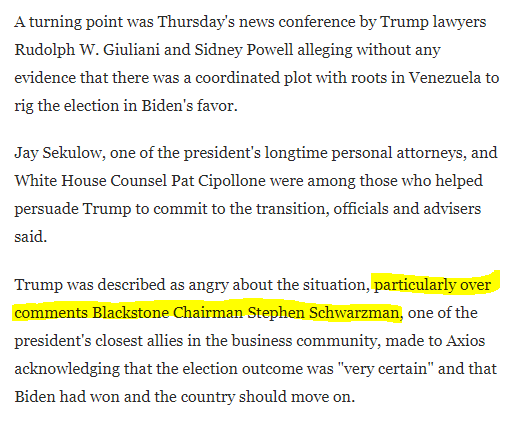 Update to this thread: WaPo reports on how Trump was forced to let the GSA recognize Biden's win & start the transition yesterday:"Trump was described as angry about the situation, particularly over comments Blackstone Chairman Stephen Schwarzman made."  https://washingtonpost.com/politics/michigan-vote-certification/2020/11/23/c435ed24-2d52-11eb-bae0-50bb17126614_story.html