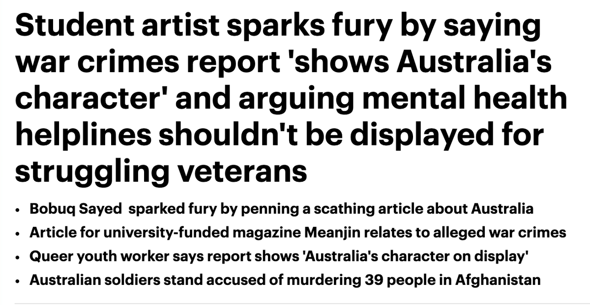 So, in the wake of the Brereton report detailing 39 murders of innocent Afghans by Australian Defence Forces, the Murdoch media machine has decided to maliciously attack  @bobuqsayed, a young queer non-binary Muslim Afghan-Australian writer. They couldn't be more despicable.