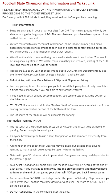 dchswarriors's tweet image. Warrior Nation, ticket info has arrived! PLEASE READ THROUGH ALL OF THE ATTACHED INFORMATION CAREFULLY BEFORE PROCEEDING TO THE TICKET REQUEST LINK! After reading, the link for ticket requests is forms.gle/HmwJYRJNs9PXGo…. #WarriorPride #WinState
