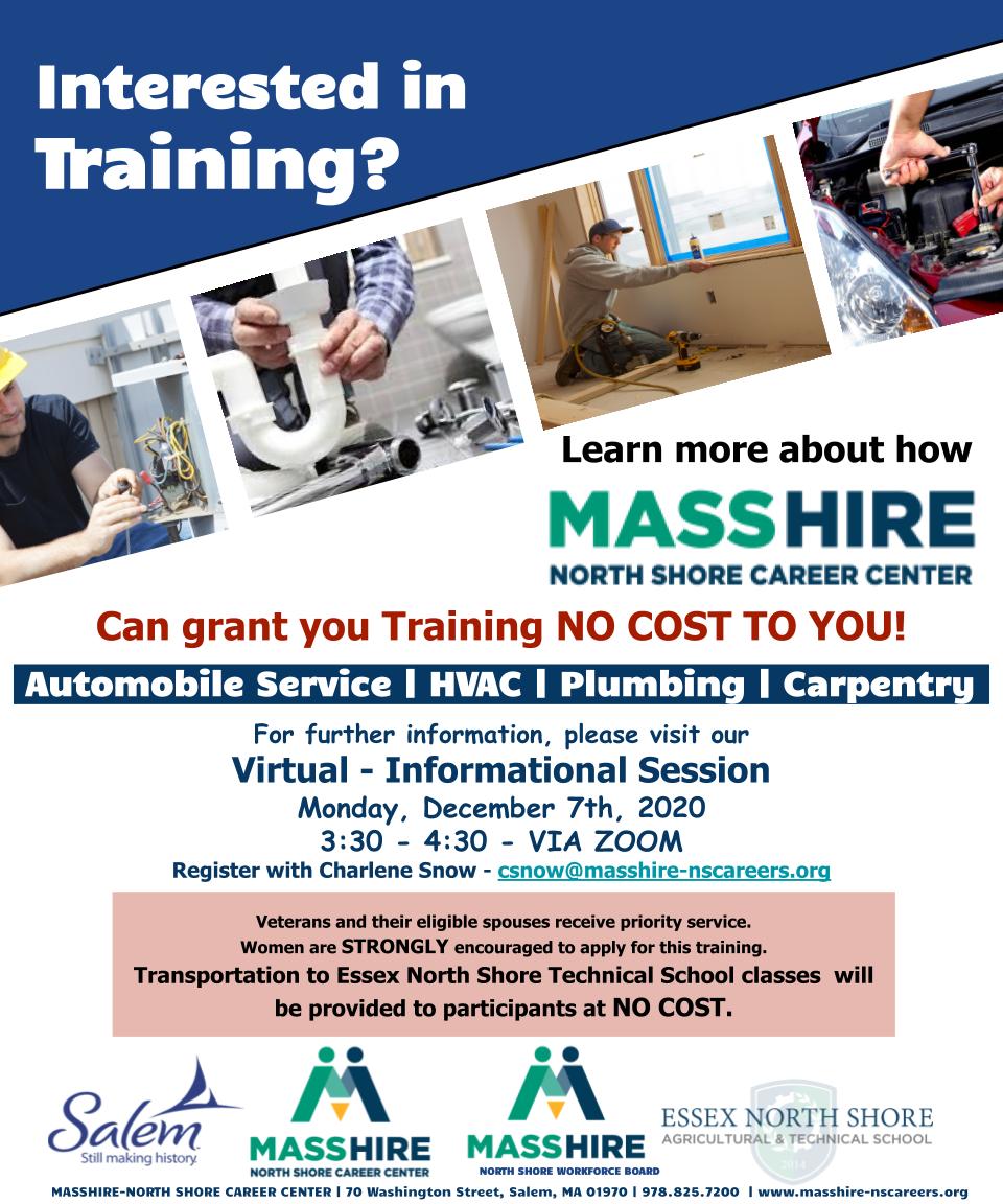KimDriscollMA's tweet photo. Currently unemployed, under-employed or simply looking for a new career path? Check out the Dec. 7th Virtual Info Session on upcoming training opportunities in the HVAC, Plumbing, Carpentry+Auto Service fields. Training is FREE, takes place at night + transportation is available. https://t.co/sIXrGSNRgK