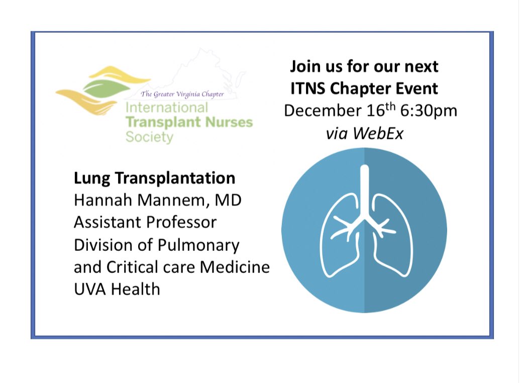 ITNSVirginia's tweet photo. Join us to learn more about Lung Transplantation. Both CE and CEPTC credit will be offered for this event. Message us for the link to connect to this free online event! #TransplantTwitter #ITNSVirginia https://t.co/a2uquhk3N5