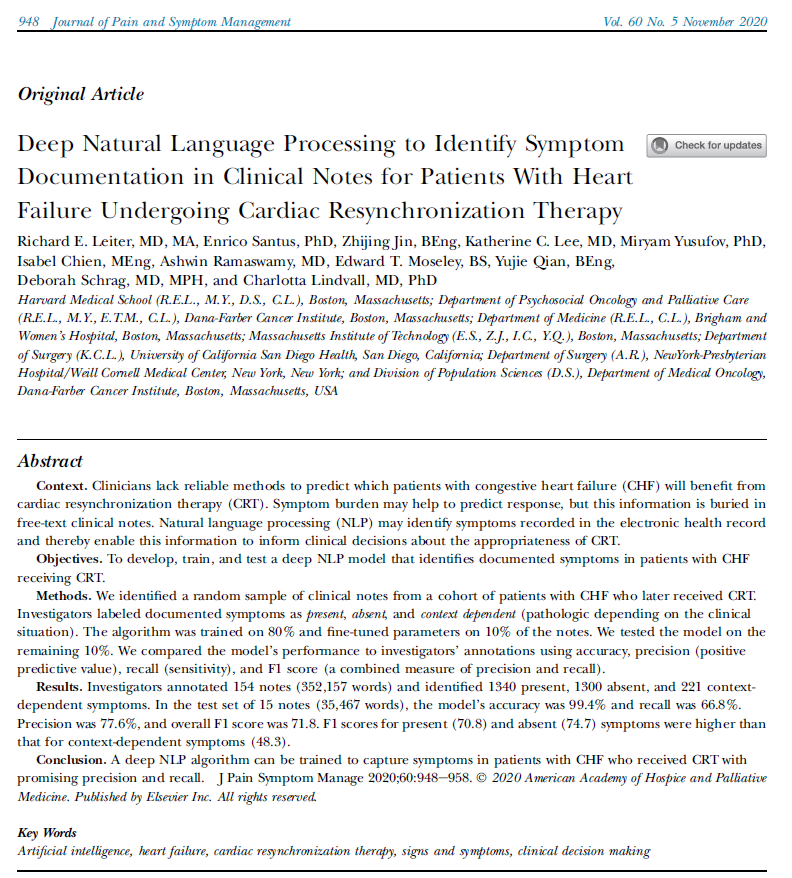 JPSMjournal's tweet photo. A deep #NLP algorithm can be trained to capture symptoms from heart failure clinical notes about cardiac resychronization therapy with promising precision & recall.
New @jpsmjournal article by @releiter @lindvalllab @DanaFarber
#NLP #Cardiology #CardioEP
https://t.co/YzncI3p2tc https://t.co/yPlECRH74l