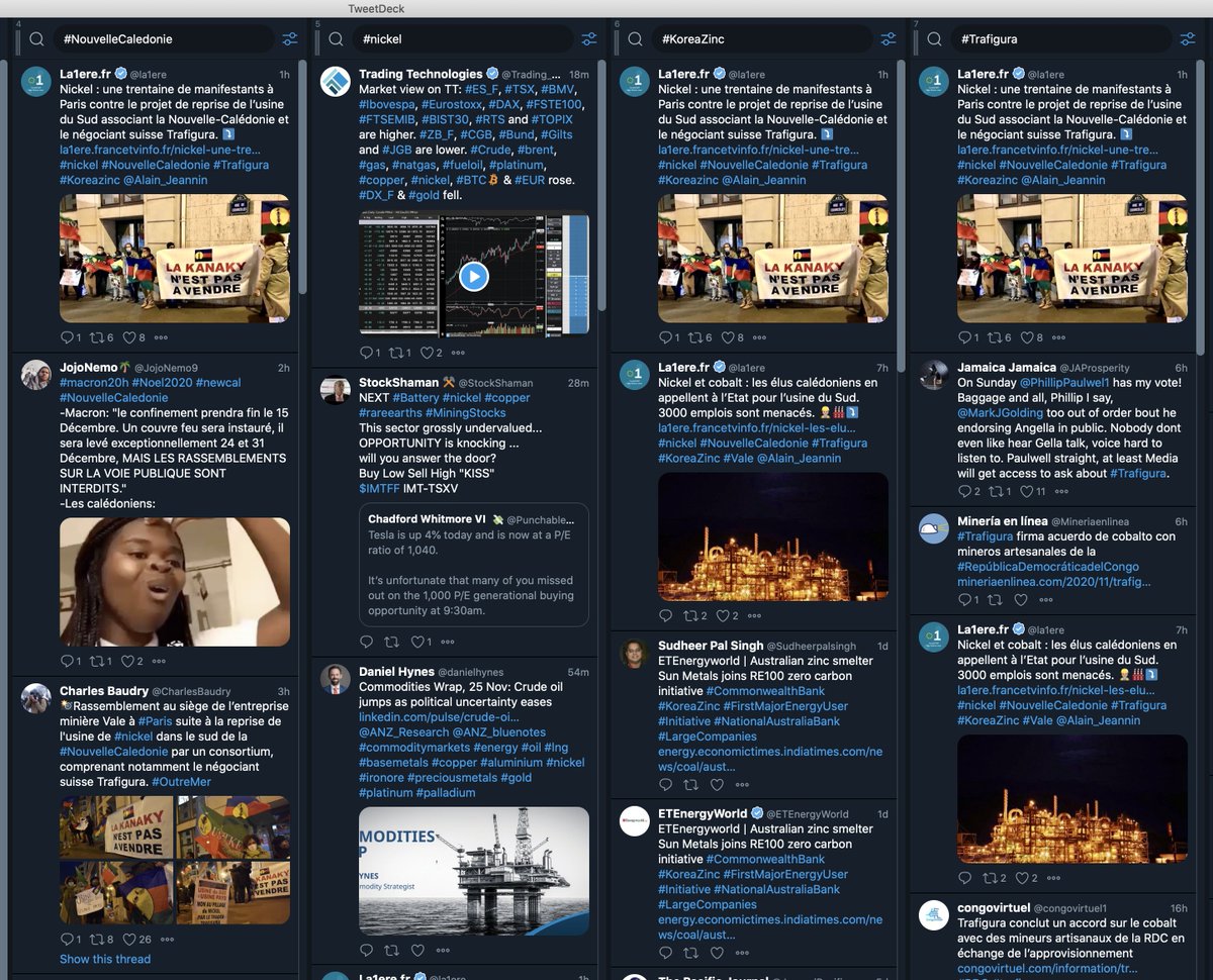 Pour être efficace sur Twitter, utiliser correctement les hashtags (un mot-clé) est essentiel  
Des exemples de hashtags pour vos recherches sur Nouvelle-Calédonie
#NouvelleCaledonie
#nickel 
#KoreaZinc 
#Trafigura
#Outremer 
Un exemple avec Tweetdeck