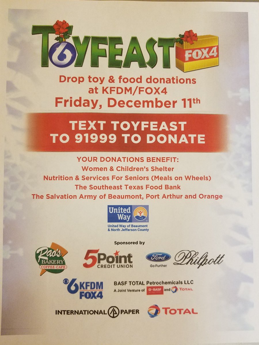 SETXFoodBank's tweet photo. This year's #ToyFeast to benefit select SETX charities is set for Friday, Dec. 11. We are grateful to be chosen once again by @UnitedWayBMT and @kfdmnews and KBTV Fox 4 as a beneficiary this year. Thanks to SETX for its confidence in us and its constant support of our mission! https://t.co/Ol7CSFWYa9