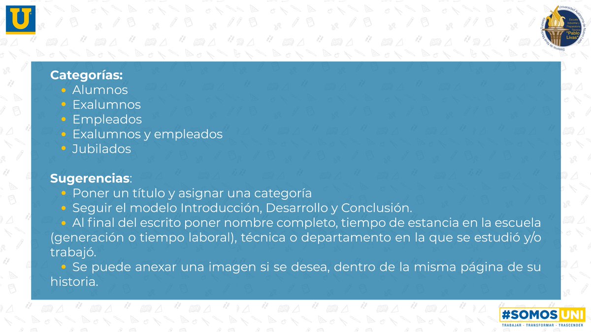 EIPTPL's tweet photo. 🎉 Los invitamos a participar en la dinámica "Historias en una página" para reunir anécdotas y vivencias que tuvieron como alumnos o trabajadores en un libro con motivo del 1️⃣0️⃣0️⃣ Aniversario de la preparatoria en el siguiente año.
#SomosUNI #SomosPabloLivas #EIPTPL https://t.co/vTHKppTDsM