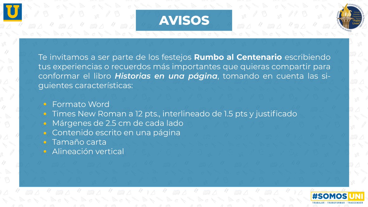 EIPTPL's tweet photo. 🎉 Los invitamos a participar en la dinámica "Historias en una página" para reunir anécdotas y vivencias que tuvieron como alumnos o trabajadores en un libro con motivo del 1️⃣0️⃣0️⃣ Aniversario de la preparatoria en el siguiente año.
#SomosUNI #SomosPabloLivas #EIPTPL https://t.co/vTHKppTDsM