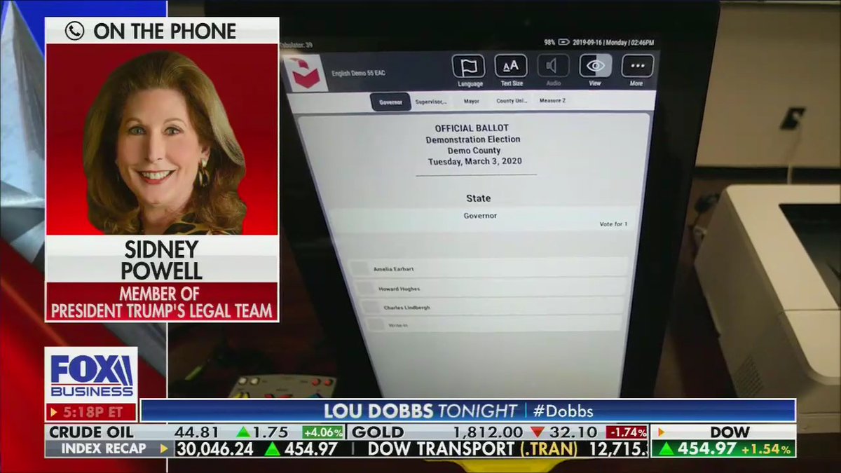 Sidney Powell's conspiracy theory is that international communists, Democrats, the CIA, and top non-Trump Republicans secretly conspired to throw the election to Biden using a Venezuelan front company.She's currently on Fox for a friendly interview.