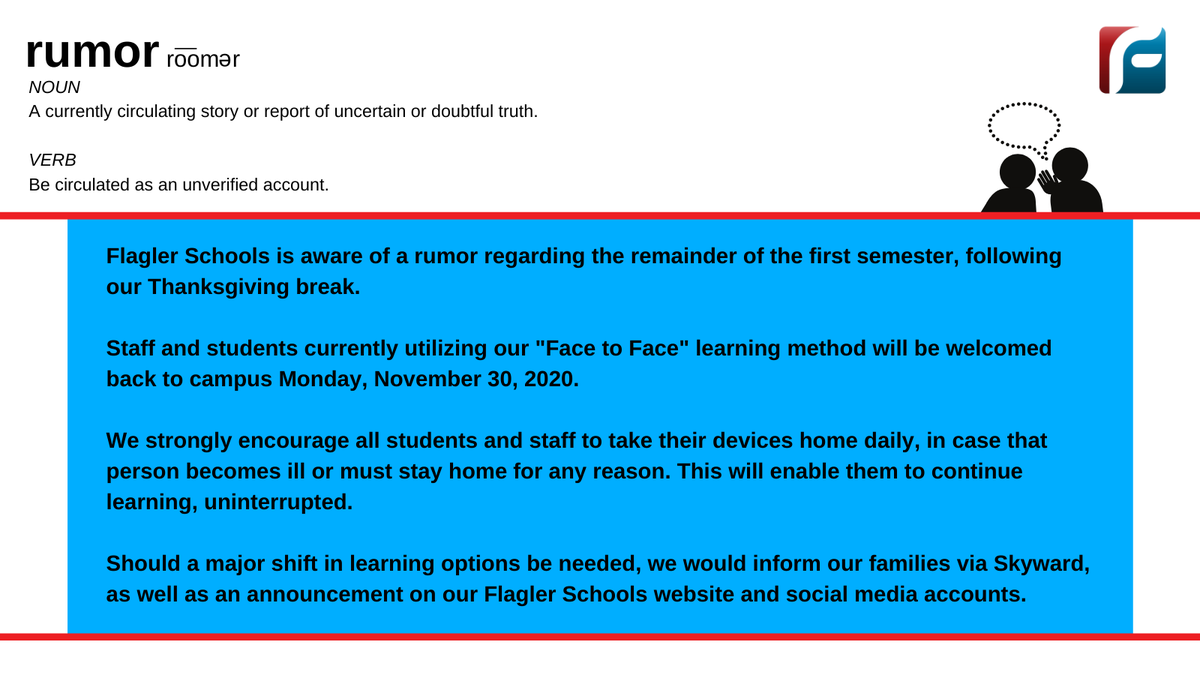 FlaglerSchools's tweet photo. Rumor Control! Please, all important decisions would be released via a Skyward call, as well as an update to our district website and official Flagler Schools social media accounts. https://t.co/Ajt8F2bdoX