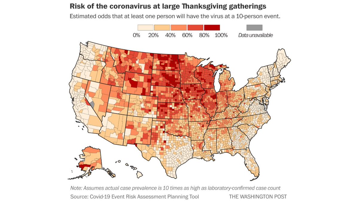 A thread on this viral map, which attempts to paint a very scary picture: depending on where you live, it is almost certain someone at your Thanksgiving gathering will have COVID. Look at all that red! But, the map has massive problems. 1/