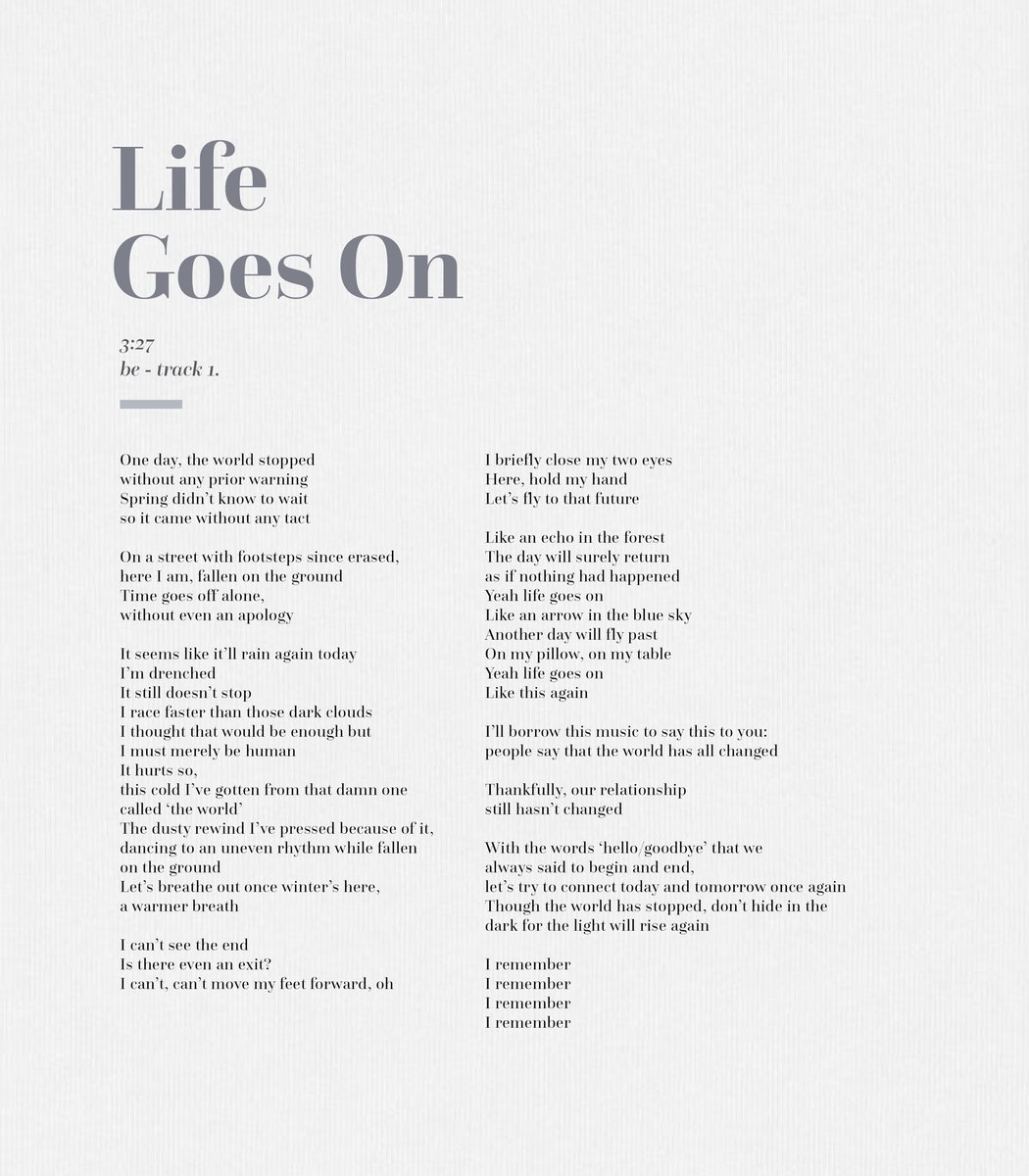 Mel Life Goes On Be Lyric Trifold Lyrics Eng Trans Cr Doyou Bangtan Bts Bts Twt Btsgvfx Gvfxbechallenge Gvfxarmy Mockups T Co Bjkjqg77j9