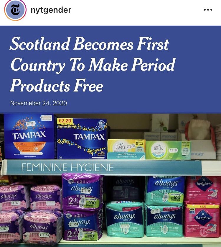 Scotland is the first country to approve a legislation to ensure free period products for whoever needs them 👏🏼👏🏼 #MenstruationMatters