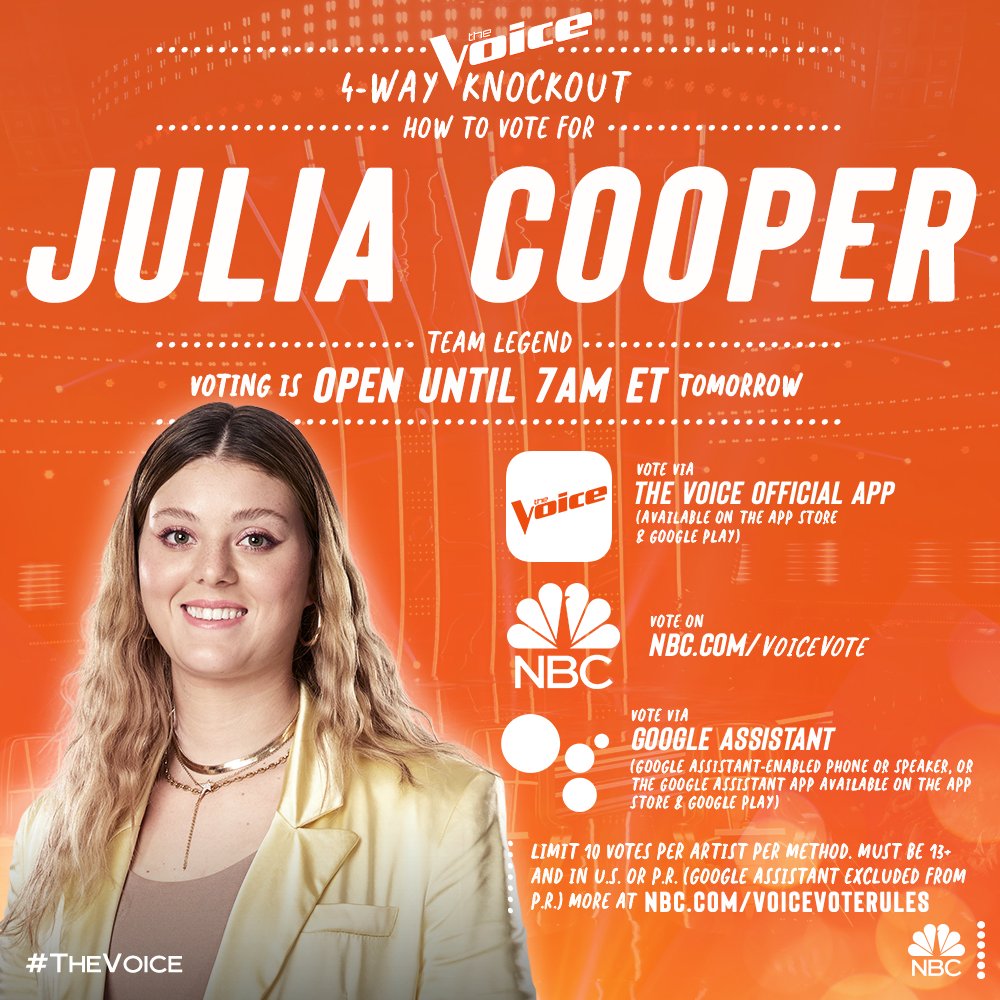 It’s up to you, America! If you want to see @JuliaCoopMusic with Team Legend in the live shows - VOTE FOR JULIA!! https://t.co/EuJZ0XiNbZ https://t.co/E0icCGQicq