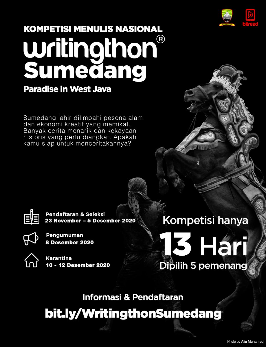 BITREAD_ID's tweet photo. Writingthon is back!
Halo writing enthusiast jangan lupa ikuti kompetisi menulis terbesar di Indonesia,  kali ini mengangkat tentang sumedang!
Kompetisi hanya 14 hari, dan akan dipilih 5 orang pemenang!
Informasi lebih lengkap dan pendaftaran Kunjungi link yang ada di poster! https://t.co/hvW3ATFOxF