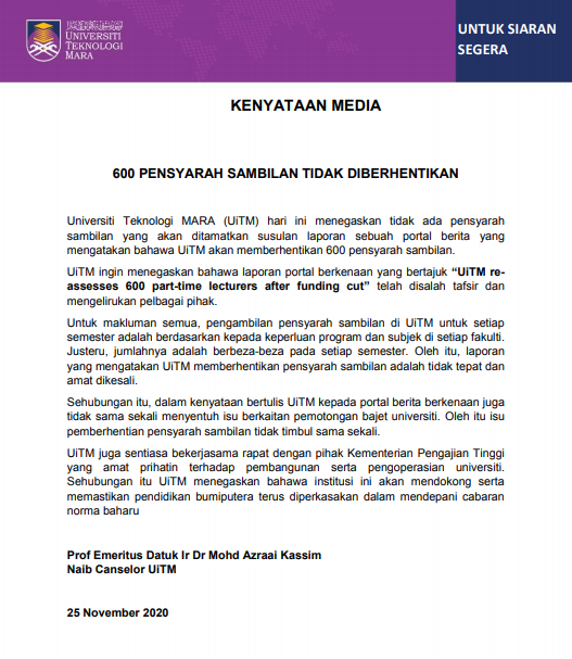 uitmofficial's tweet photo. KENYATAAN MEDIA
600 PENSYARAH SAMBILAN TIDAK DIBERHENTIKAN
#uitmprihatin
#kitauitm
#uitmdihatiku https://t.co/zwb8AYYQZQ