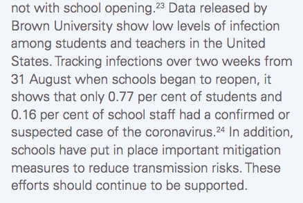 A November 20th UNICEF report also references Oster's data. https://www.unicef.org/media/86881/file/Averting-a-lost-covid-generation-world-childrens-day-data-and-advocacy-brief-2020.pdf