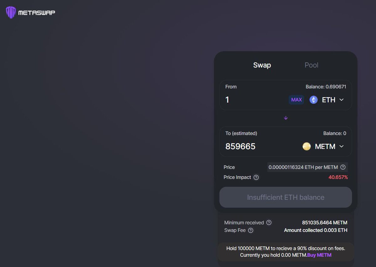 MetaSwapApp's tweet image. In 24 hours or less we will be launching @MetaSwapApp swap &amp;amp; aggregator built by our partners at @dexkit

Hold 100,000 $METM to enjoy 90% off fees!

Our aggregator swaps most token pairs and is integrated into 13 DEX's to get the best possible prices! 

👉 metaswap.app