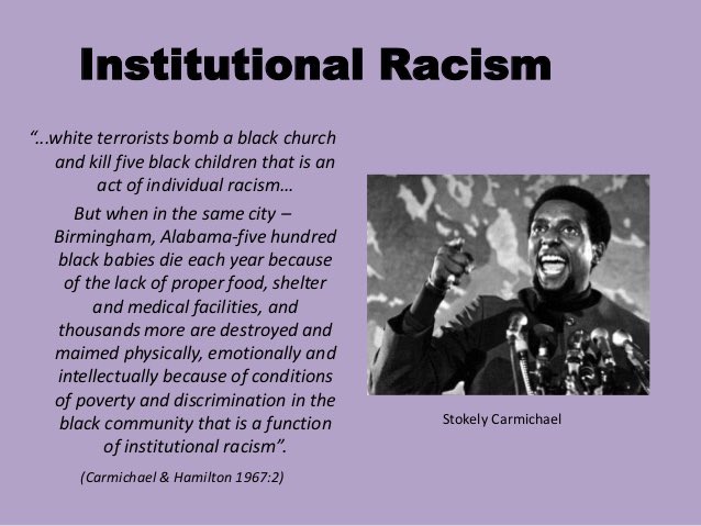 I believe this view of institutional/structural racism is in line with how Kwame Ture defined the term in 1967.Past systemic racism outlasts the beliefs and policies and become baked in.