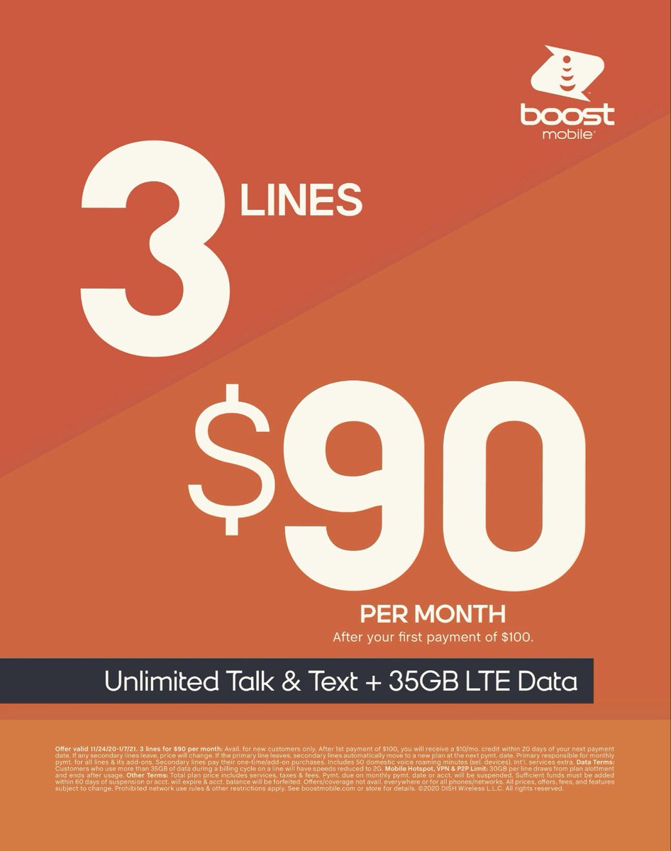Starting Today - New customers only (port and non-port), activate 3 lines for $90/mo. w/ Unl Talk &amp; Text &amp; 35GB High Speed Data per line. Come in to your local #BOOST location today!  #promo #3for90 #boostmobile #dailydeals