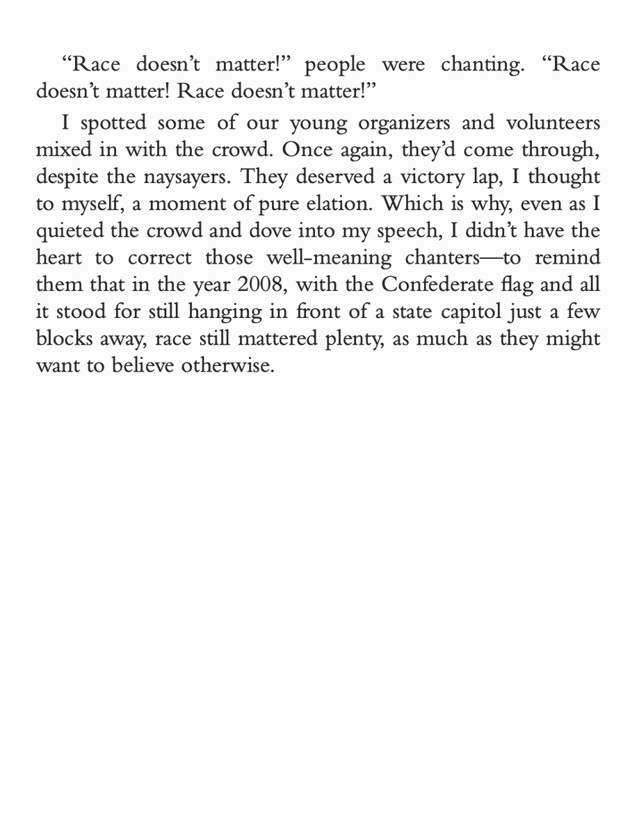 How much has our political culture changed in the last decade? When Obama won the 2008 South Carolina primary, he gave a speech to a crowd excitedly chanting "Race Doesn't Matter!"2020 Obama shakes his head at their naiveté. But I doubt he felt that way at the time.