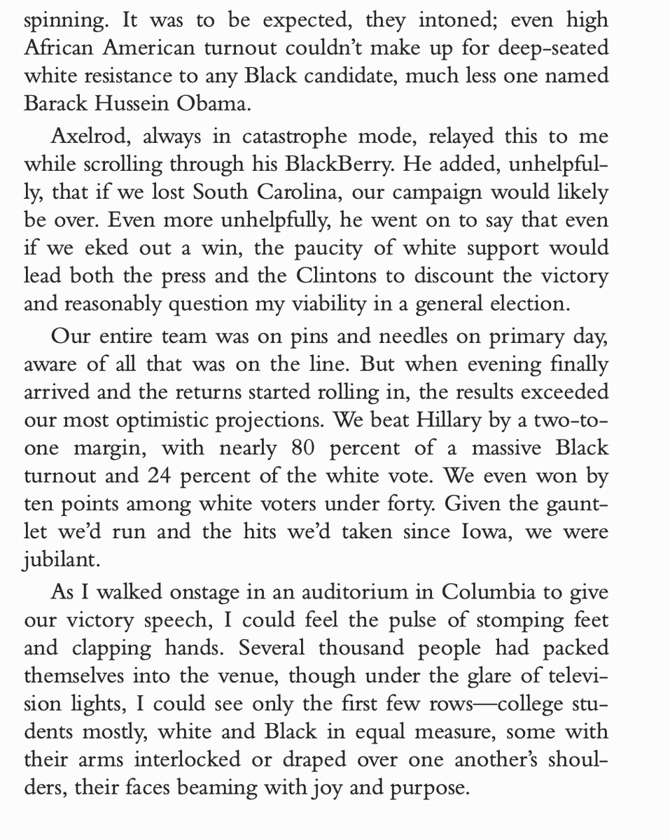 How much has our political culture changed in the last decade? When Obama won the 2008 South Carolina primary, he gave a speech to a crowd excitedly chanting "Race Doesn't Matter!"2020 Obama shakes his head at their naiveté. But I doubt he felt that way at the time.