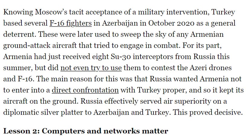 Armenian pilots also only had limited time on these Su-30SM and they have no history with these kind of fighters. Su-30SM played little role in the conflict because their purchase was more about prestige than military needs. Blaming Russia for this is a poor lesson to draw. 4/