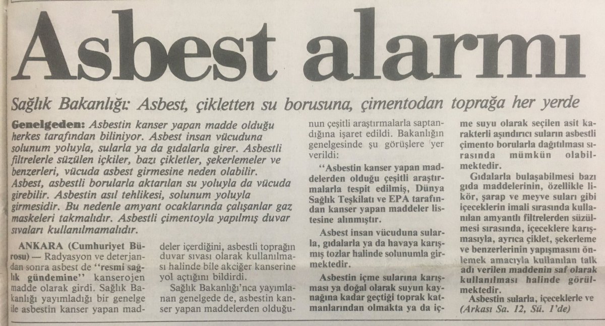  #Asbest, cikletten su borusuna, çimentodan araba balatalarına, inşaat malzemelerinden ayakkabılara her yerde kullanılıyor.  #SelahattinYazıcıoğlu sayesinde, bu korkunç zehire karşı somut bir veri elde ettik ama ne Yazıcıoğlu’nu yeterince dinledik ne de gereken önlemleri aldık...