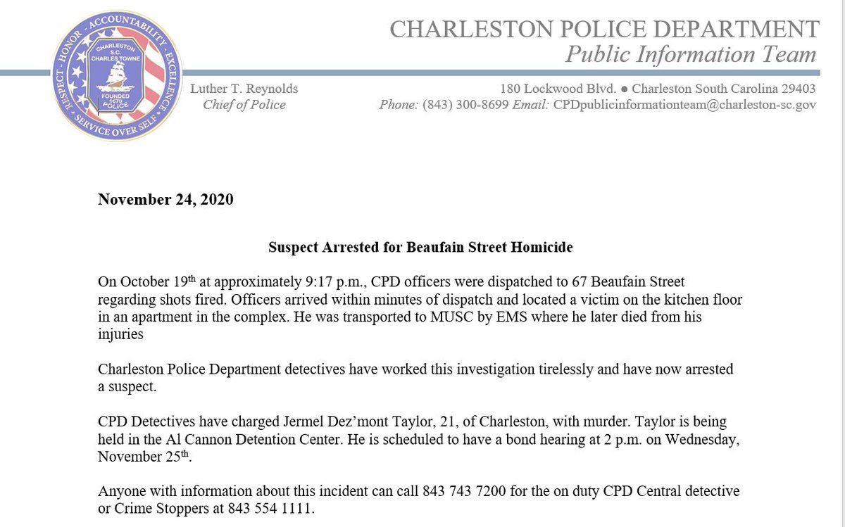CharlestonPD's tweet photo. Suspect Arrested for Beaufain Street Homicide
#chsnews https://t.co/rNCALbnBWc