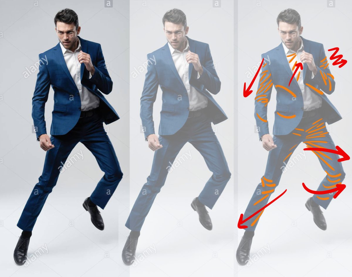 Hamm_Tips's tweet photo. It can be hard to recall the directions of folds (1). For practice, find photos of people in creased clothing, lower their opacity, and trace the folds on a new layer (2-3). This helps you memorize folds' common directions without having to draw each entire figure over and over. https://t.co/gUR4C8slGK