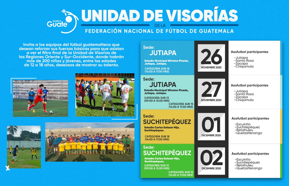 #Fedefut La Unidad de Visorías de la Fedefut invita a los equipos del fútbol guatemalteco a que asistan a ver el filtro final de las regiones Oriente y Sur-Occidente.

#VamosGuate