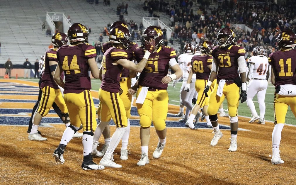 LAFootballAC's tweet photo. On this day in 2018: Loyola Academy completed the Revenge Tour when the Ramblers secured their 3rd state championship in program history in a 13-3 win over Brother Rice in Champaign. “Nothing is going to beat this in my career,” Coach Holecek said of the team’s storybook ending. https://t.co/q64NezRnfh