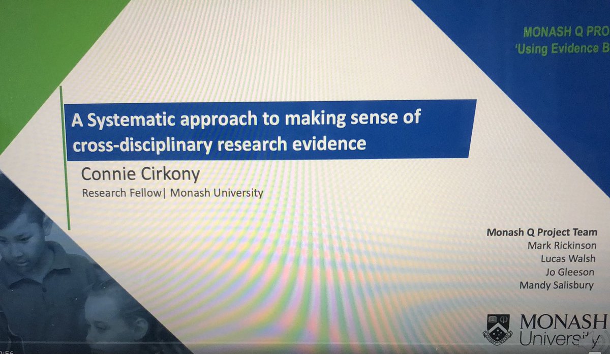 EduScholar007's tweet photo. A fascinating presentation about a complex topic! I’ve learned a lot about the sound decisions toward a systematic approach to a cross disciplinary review of the literature! @MonashEducation @MonashQProject #CAR2020 https://t.co/sJGcqXXlMk