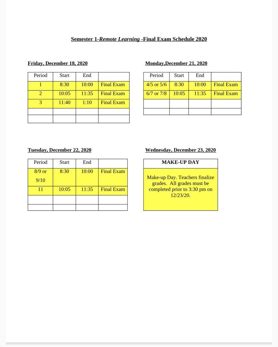 TTDistrict205's tweet image. District 205 2020 student final exam schedule!