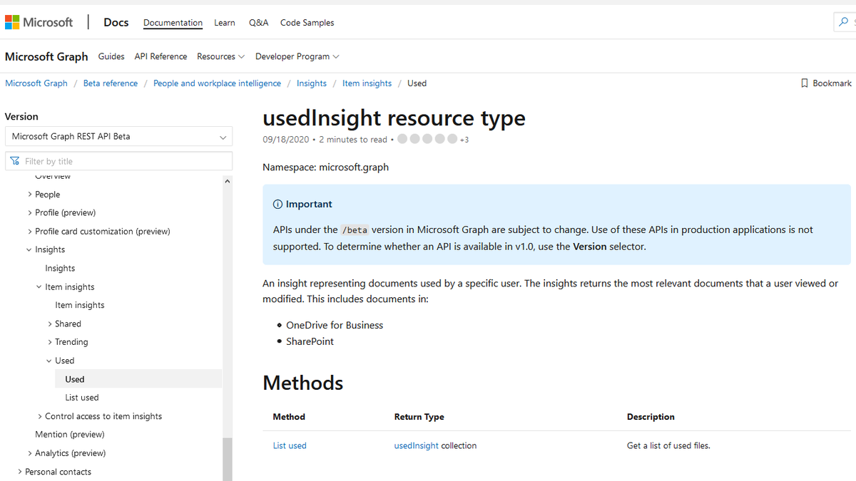 Or. The 'usedInsight' object lists 'documents that a user has viewed or modified', including data from OneDrive and SharePoint.Of course, this data is available. But in this case, it's part of 'people and workplace intelligence'. https://docs.microsoft.com/en-us/graph/api/resources/insights-used?view=graph-rest-beta https://docs.microsoft.com/en-us/graph/api/insights-list-used?view=graph-rest-beta&tabs=http