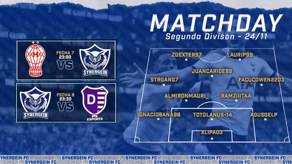 #Synergein | #SegundaDivision  

🗓️FECHA 7
🕚23:00
🆚<a href="/HuracanEsports/">CAHuracán esports</a> 

🗓️FECHA 8
🕚23:30
🆚 @DalmineeSports 

📺 Twitch.tv/synergeinfc

#VamoSynergein 🦉