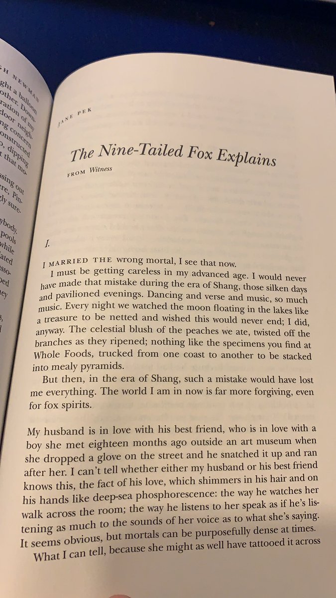 As Curtis Sittenfeld puts it in her intro, “The Nine-Tailed Fox Explains,” by Jane Pek ( @witnessmag) perfectly melds the mythical with the mundane. I never expected to learn so much about love from a fox demon spirit—the more fool me.