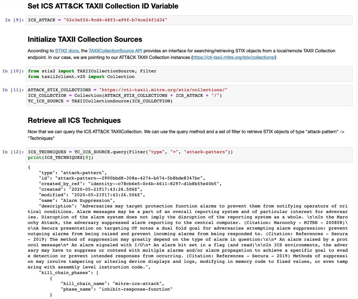 OTR_Community's tweet image. 🚨 New version of our &quot;attackcti&quot; Python 🐍 library to query @MITREattack in STIX format via their public TAXII server has been released!

1⃣ ICS ATT&amp;amp;CK Integration ✅
2⃣ Basic Notebook to explore ICS Content ✅

📔 Binder: mybinder.org/v2/gh/OTRF/ATT…

📦Repo: github.com/OTRF/ATTACK-Py…