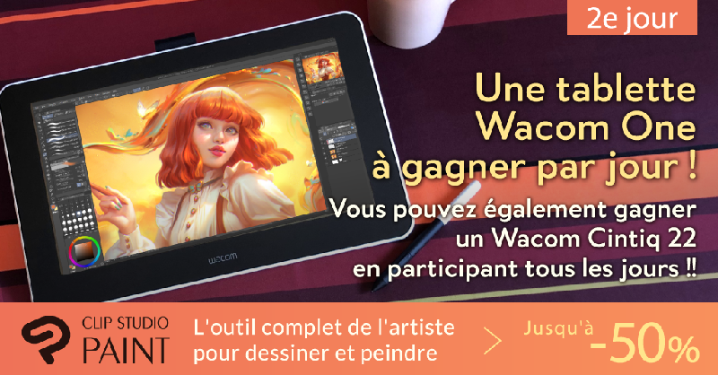 clipstudiopaint's tweet photo. Suivez le compte officiel de CLIP STUDIO PAINT et gagnez une Wacom One en retweetant ce tweet ! 2eme jour. Encore 5 chances de gagner ! Gagnez aussi un Wacom Cintiq 22 en participant tous les jours pendant 6 jours ! Détails : https://t.co/2rZ9mVj3Yh https://t.co/C4t47PuZ0V