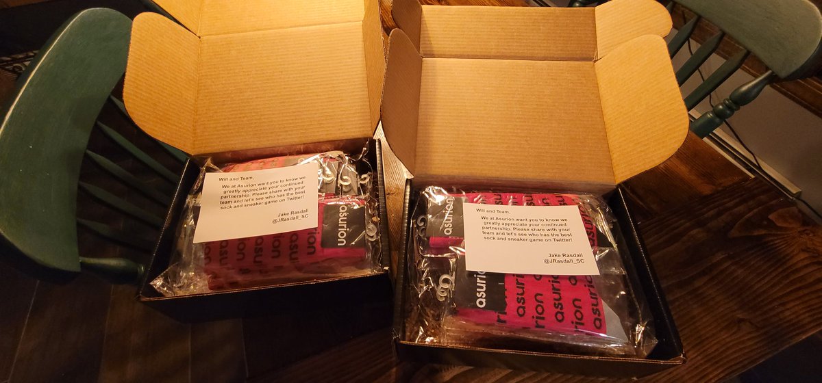 Thank you <a href="/JRasdall_SC/">Jake Rasdall</a> and <a href="/Asurion/">Asurion</a> !! Our team will love these Magenta Asurion socks! 
<a href="/SteveLessor/">Steve Lessor</a> <a href="/RJGomezIII/">Rafael J. Gómez lll</a>