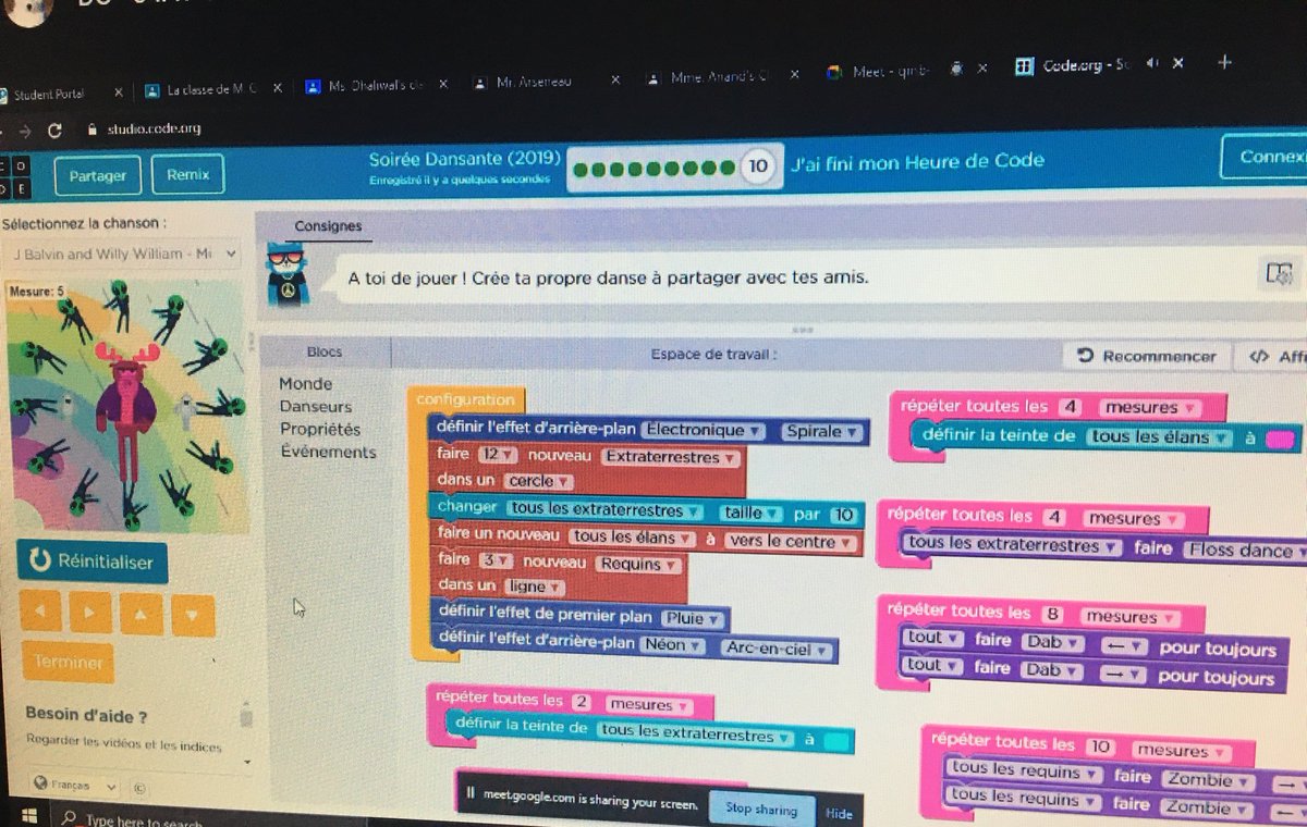 MmeAnand's tweet photo. Wrapping our session together with coding a dance party ! The grade 4 students loved creating repeating patterns, tinkering with the codes and exploring @codeorg en français ! #dance #EML #français @castleoaksps https://t.co/Y4tvyT4350