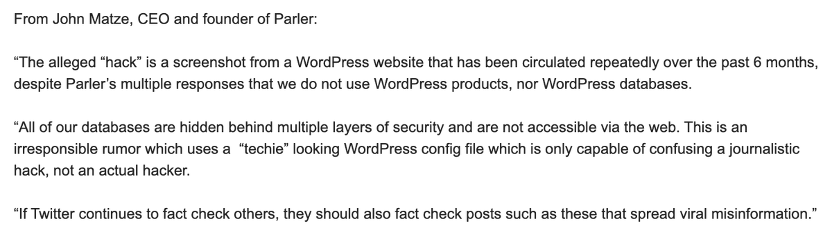 Michael_Kan's tweet image. Parler's CEO on reported hack: "The alleged 'hack' is a screenshot from a WordPress website that has been circulated repeatedly over the past 6 months, despite Parler’s multiple responses that we do not use WordPress products, nor WordPress databases." Also calls out Twitter