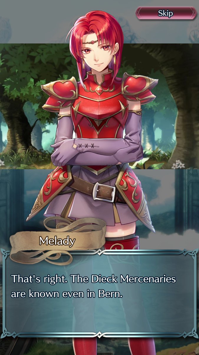This Forging Bonds begins with Melady asking Dieck to put Princess Guinevere's safety above the Order of Heroes's cause.Throughout this intro scene, it seems like she's talking at him, not to him