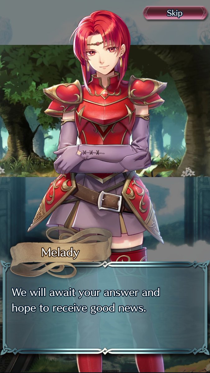 This Forging Bonds begins with Melady asking Dieck to put Princess Guinevere's safety above the Order of Heroes's cause.Throughout this intro scene, it seems like she's talking at him, not to him