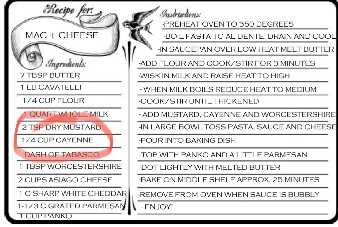 mamortensen's tweet photo. @jimmyfallon Asked my friend for her awesome mac ‘n cheese recipe...followed the directions exactly. Called for 1/4 cup of cayenne. My sister was like...”no way”. I said “it’s amazing, trust me.” It was so spicy, no one could eat it. Turns out it was supposed to be 1/4 TSP #CookingFail https://t.co/Wg45rMcmu8