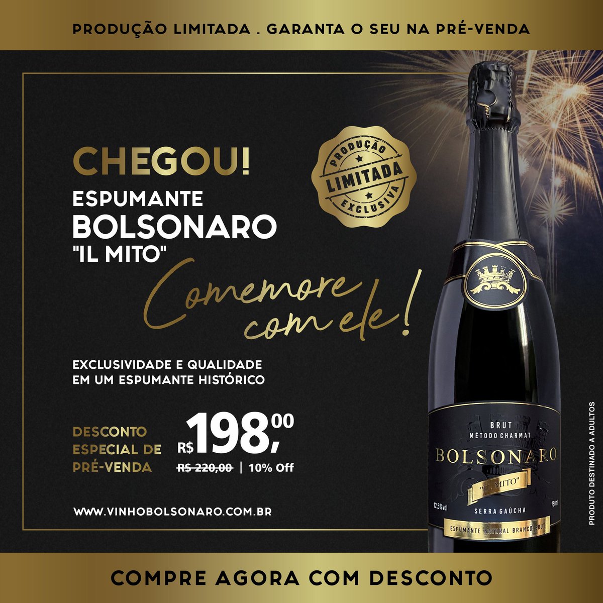 VinhoBolsonaro's tweet photo. Comemore a chegada de um novo tempo!
Espumante Bolsonaro "il Mito".
Garanta o seu e não fique de fora do grupo que vai celebrar com Bolsonaro "il Mito".
https://t.co/6bQlFHmQSJ https://t.co/Y8sLsrp5of