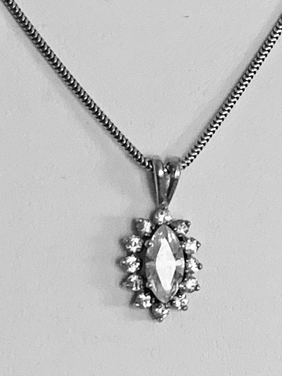 Vintage CZ necklace sterling silver 925 marquise cut 2ct on sterling snake chain. Great gift for her. Available now from GiosGems on Etsy.  etsy.me/3l3mhdJ
#giosgems #vintagejewelry #vintagesterlingsilver #czpendant #giftforher #etsy #etsyshop #vintagecz #vintagenecklace