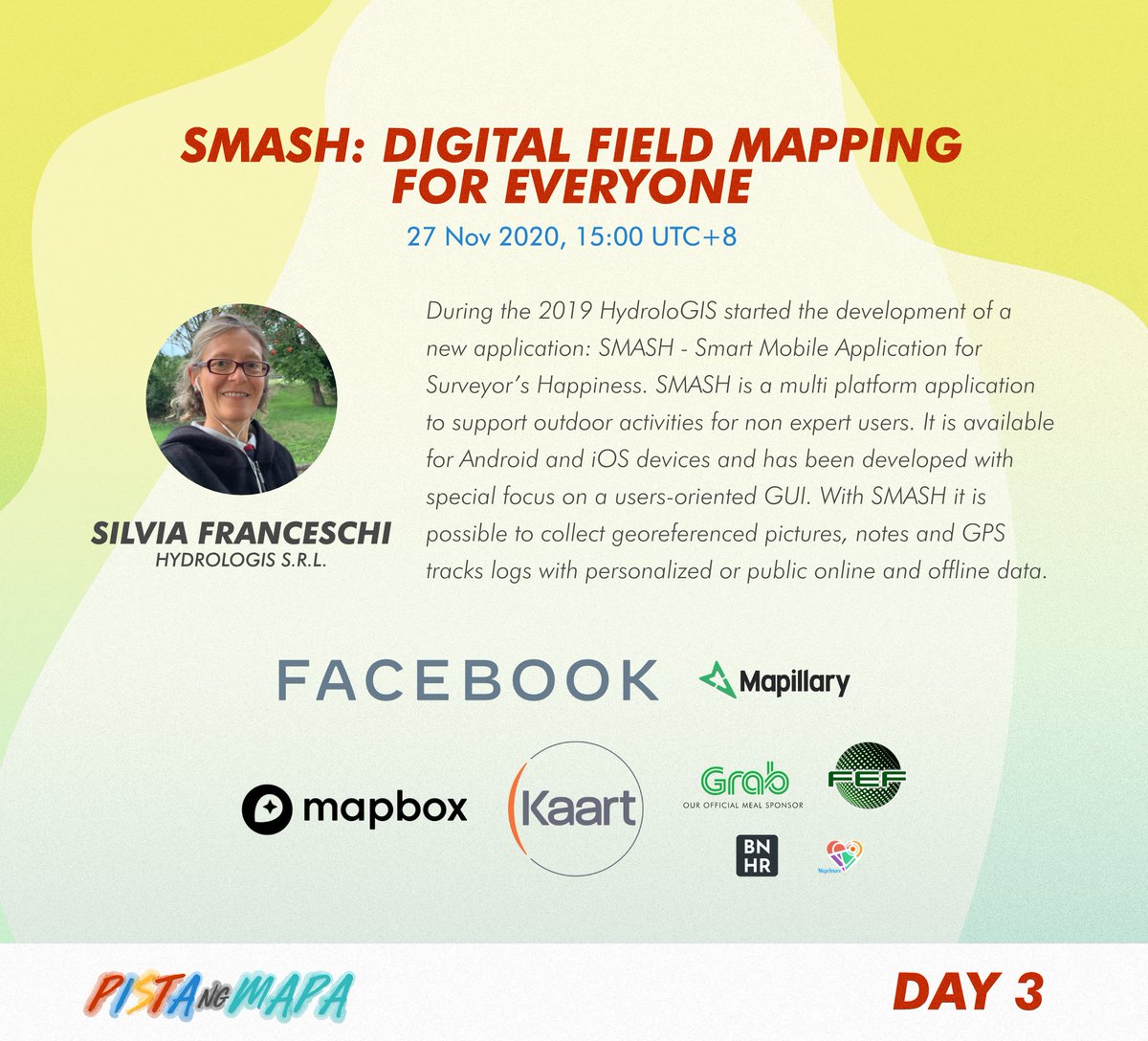 PistaNgMapa's tweet photo. PnM20 Day 3:
SMASH: Digital field mapping for everyone
Catch Silvia Franceschi (HydroloGIS s.r.l.) tomorrow!
27 Nov 2020, 15:00 UTC+8
You may visit https://t.co/YVdqEP7HDP for more information.
#openstreetmap #PnM20 #foss4g #PistaNgMapa #freeconference #opensource https://t.co/eEXHTzUXWM