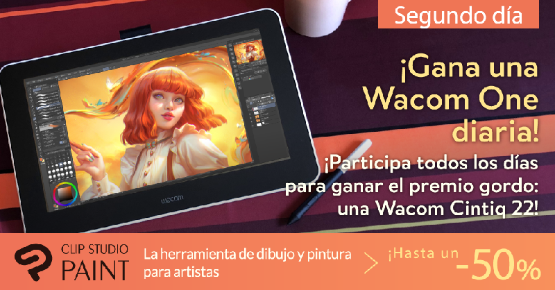 ¡Sigue a CLIP STUDIO PAINT y retuitea este tuit para ganar una Wacom One diaria! Sorteamos un total de seis. ¡Hoy toca la segunda y, si participas los 6 días, podrás ganar una Wacom Cintiq 22! clipstudio.net/promotion/give…