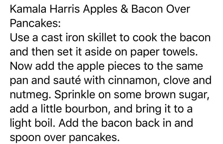kevminlaw's tweet photo. Looking for a way to show how #thankful you are that we elected @KamalaHarris as our next #VP this #Thanksgiving2020? Make a #Khive favorite: #KamalaHarrisVP’s famous Apples &amp; Bacon as your new favorite side dish! Follow the recipe below! (No need to make the pancakes😉.) https://t.co/P8FbAdlm30