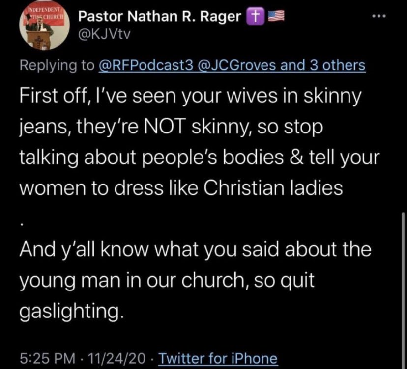thechurchsplit's tweet photo. This is disgusting. Look, you donโt like @RFPodcast3? fine. You wanna sling mud? Fine. Weโre all men here. Attacking women youโve never met nor talked to based on outward appearances? Uncool and abhorrent. Then again this is what I expect from the IFB. #abovereproach https://t.co/SAx71z953g