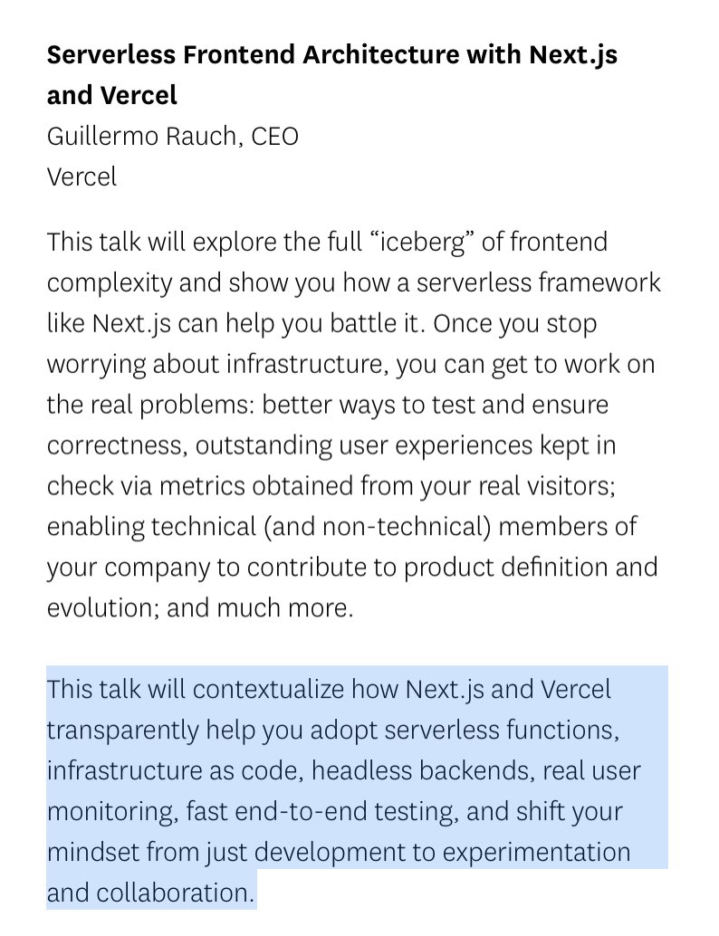 rauchg's tweet photo. So excited to be speaking at this event 👇 
I *love* Next.js, serverless and @datadoghq.

My abstract is so *full of buzzwords* that it sounds like GPT-3, but: it's real and I think you'll love it!

https://t.co/ZqfB1hbiHe https://t.co/0Ts766iC0m